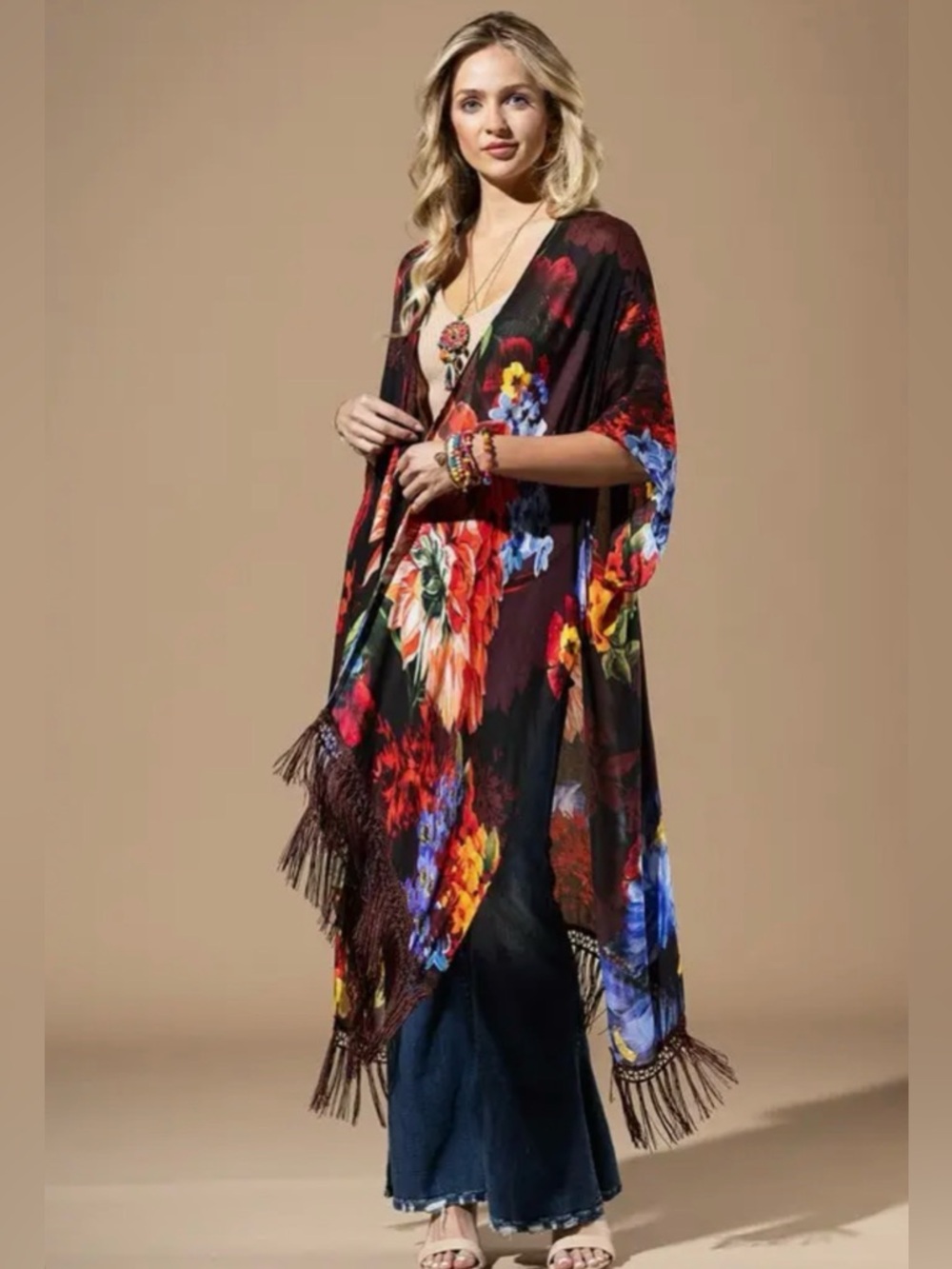 Paradiso Floral Fringe Kimono Cover-Up in Black and Multicolor